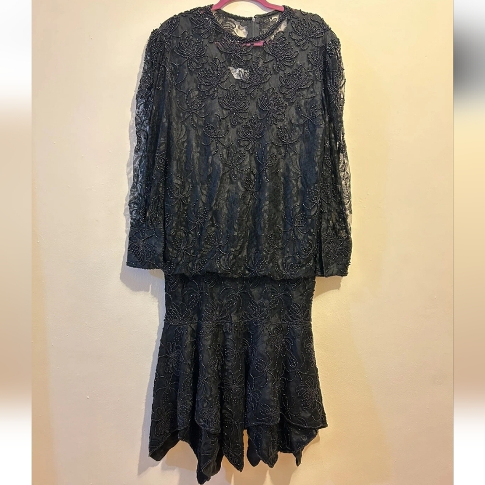 Vintage Sequin Beaded Dress Rina Z Silk & Rayon Sz L Black